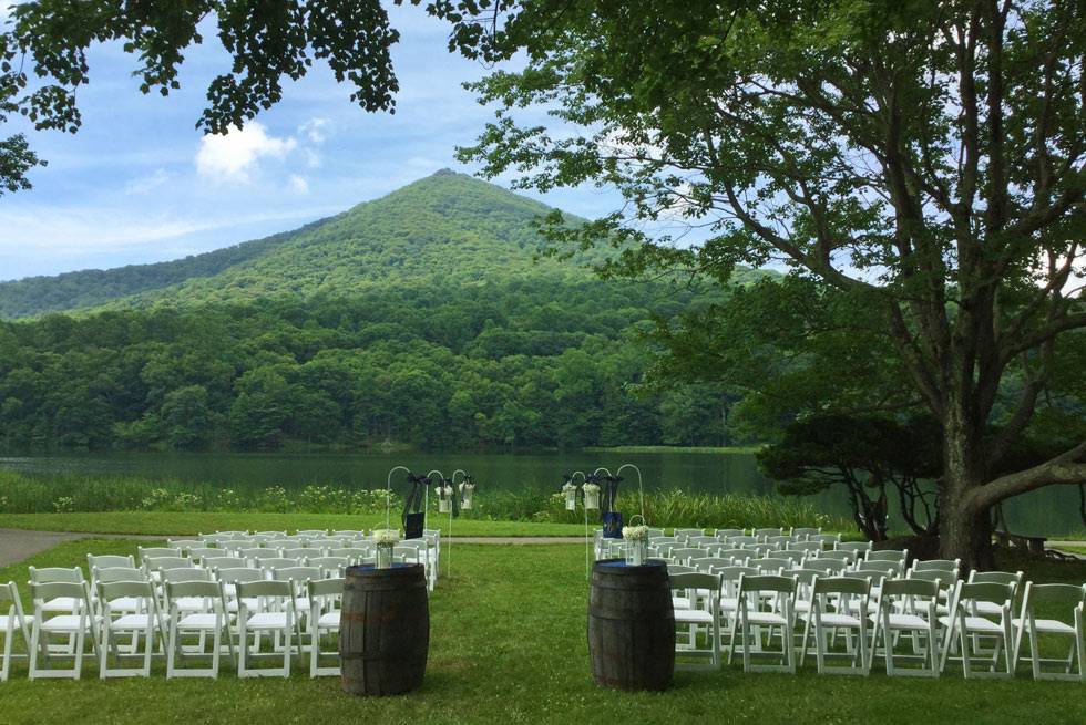 The wedding lawn set up for a ceremony at Peaks of Otter Lodge